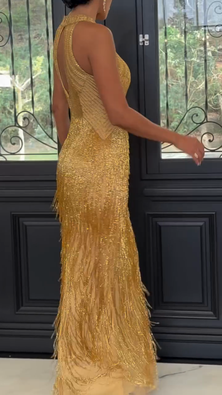 Halter Beaded Prom Dress