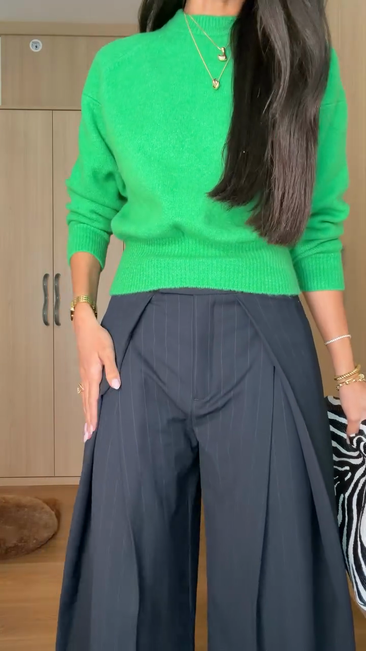 Dark Navy Pinstripe Wide-Leg Pants