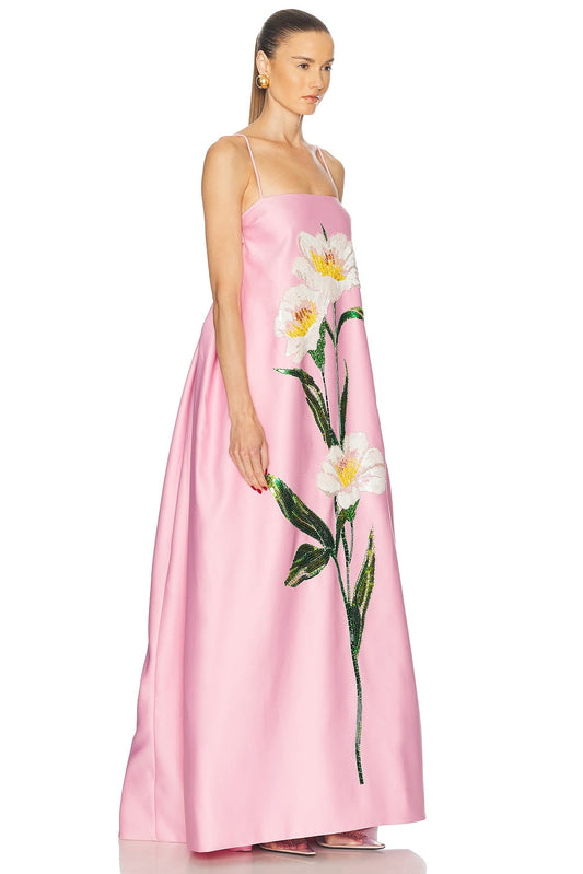 Maxi dress with tulle and floral sequins