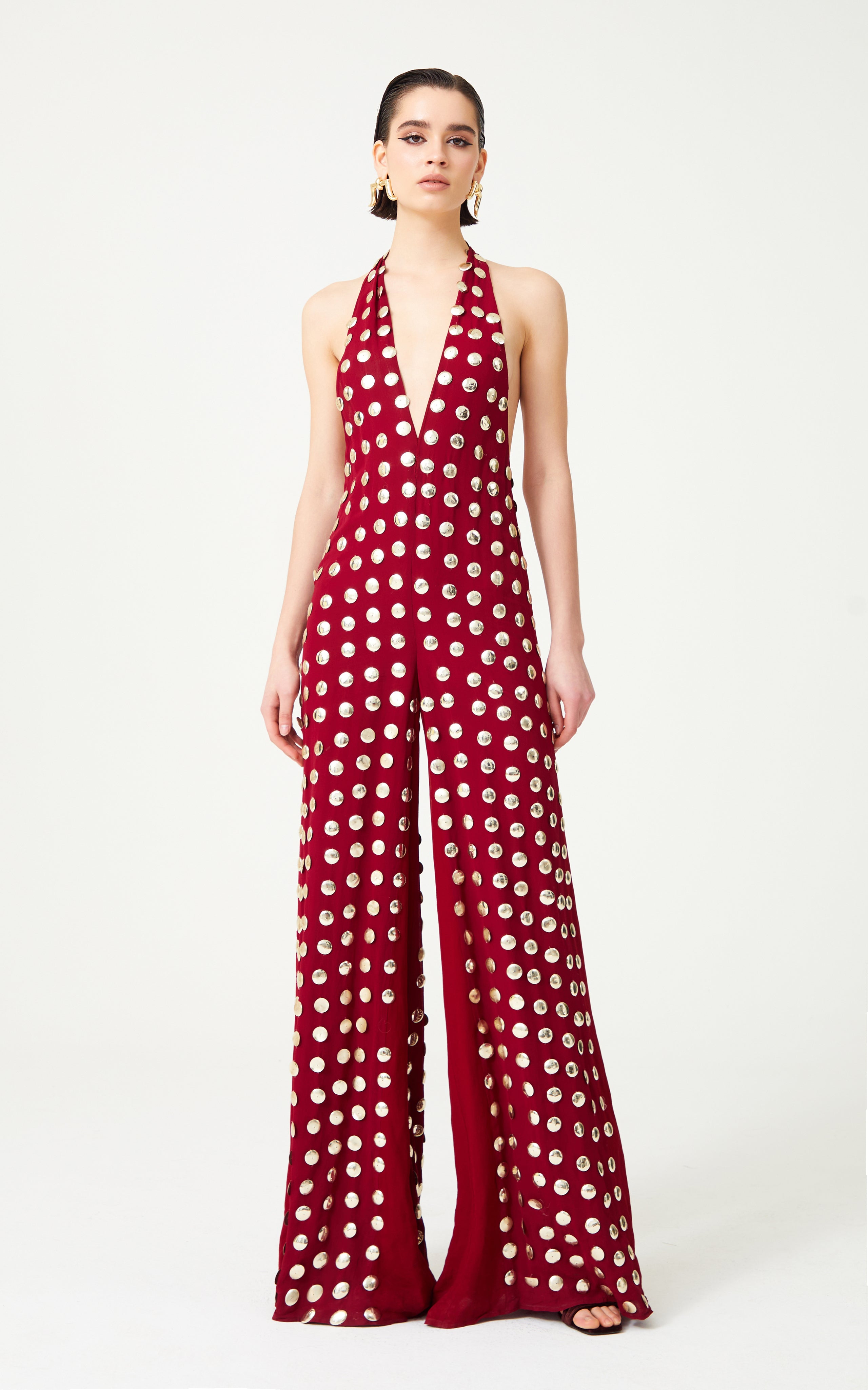 Burgundy Handmade Gold Polka Dot Jumpsuit