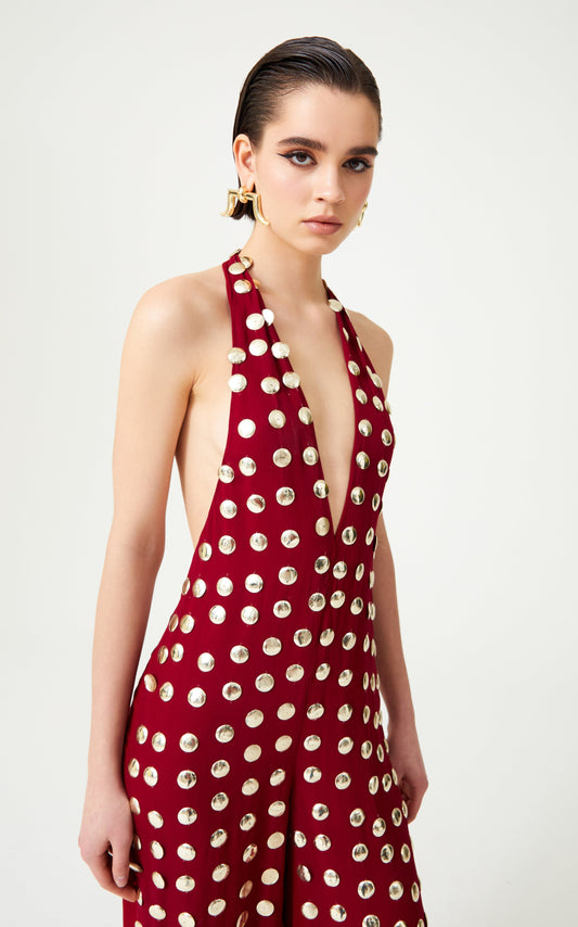 Burgundy Handmade Gold Polka Dot Jumpsuit