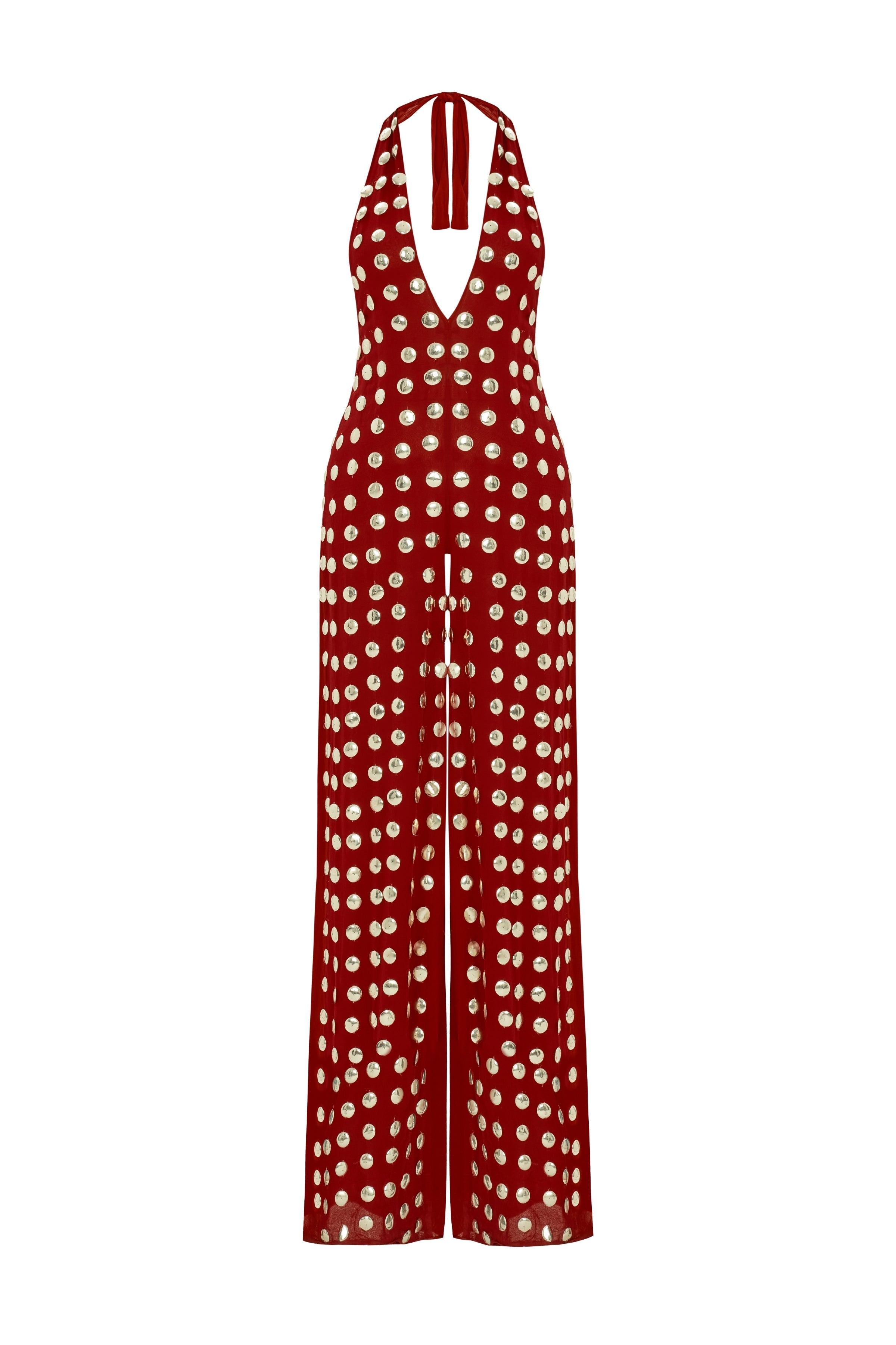 Burgundy Handmade Gold Polka Dot Jumpsuit