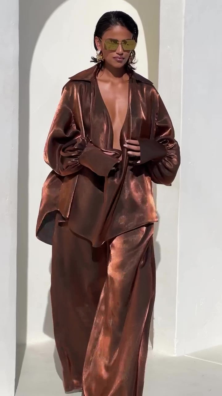 Deep VNeck Shirt wide Leg Pants Set