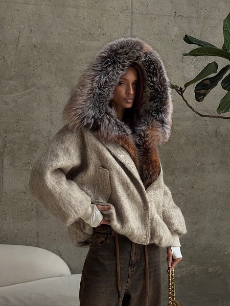 Luxury Faux Fur Hooded Wool-Blend Coat – Oversized Winter Jacket