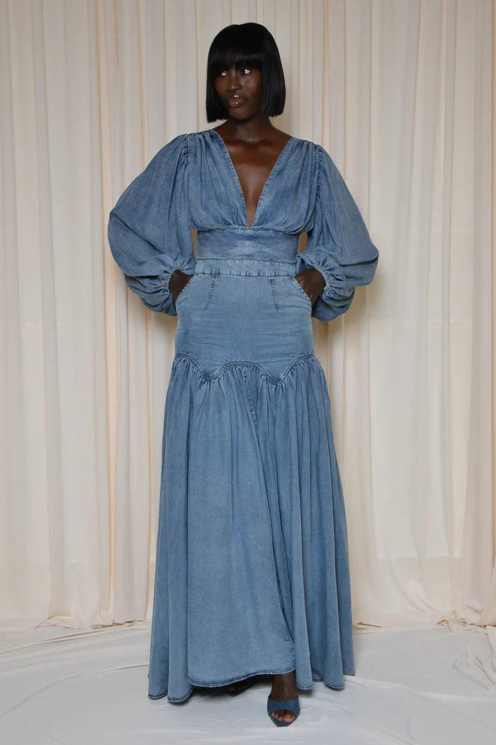 Blue Denim Deep V Neck Maxi Dress Set