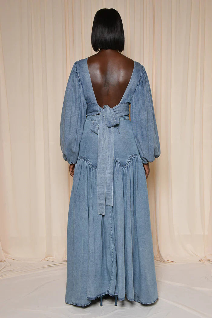 Blue Denim Deep V Neck Maxi Dress Set