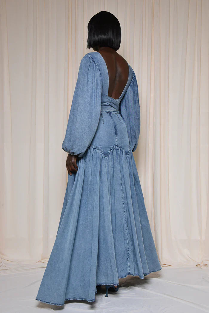 Blue Denim Deep V Neck Maxi Dress Set
