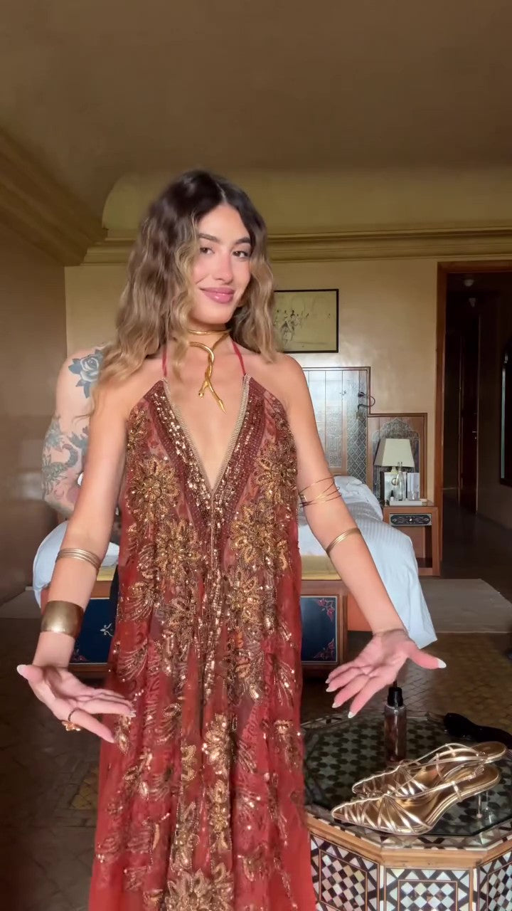 Bohemian Red Embroidered V-Neck Dress