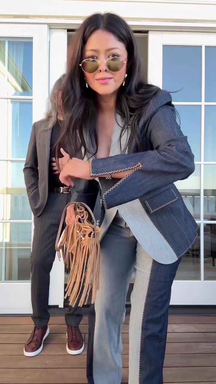 Chic color-block denim jacket and pants