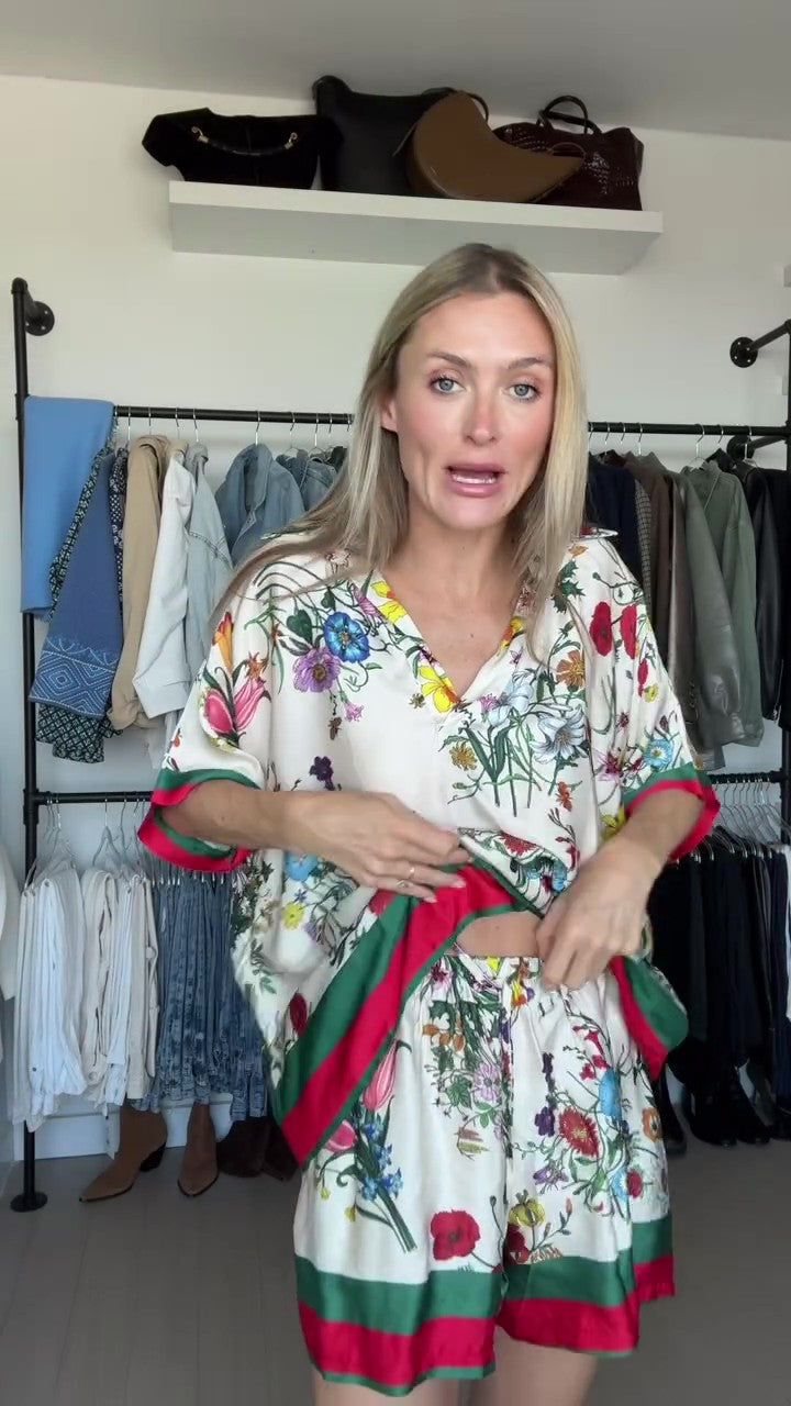 Floral Striped Satin Shirt and Pants Set