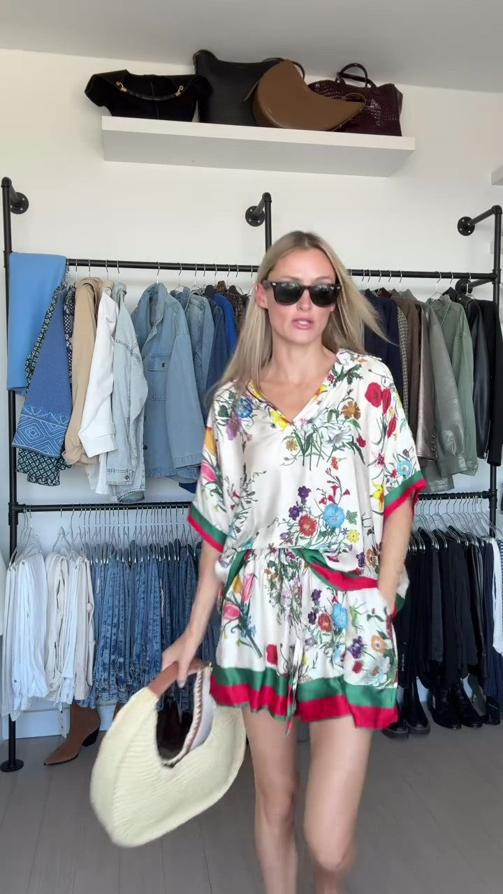 Floral Striped Satin Shirt and Pants Set