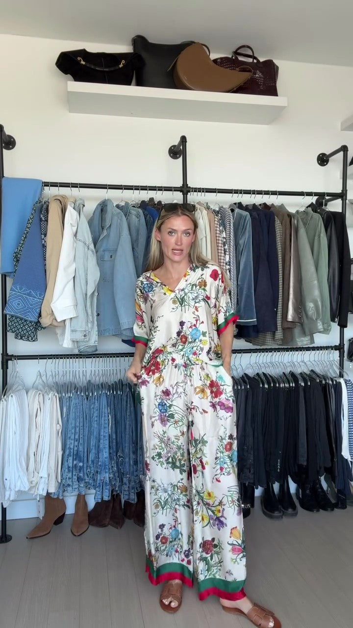 Floral Striped Satin Shirt and Pants Set