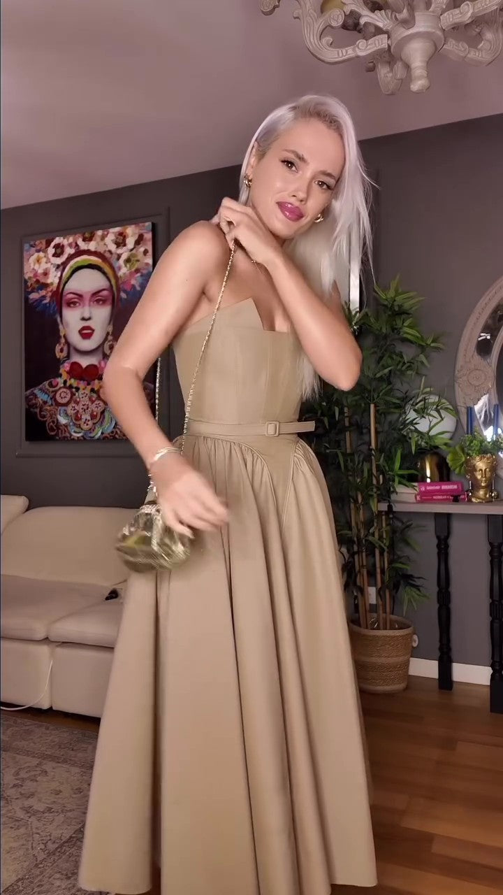 Chic Taupe Bustier Midi Dress