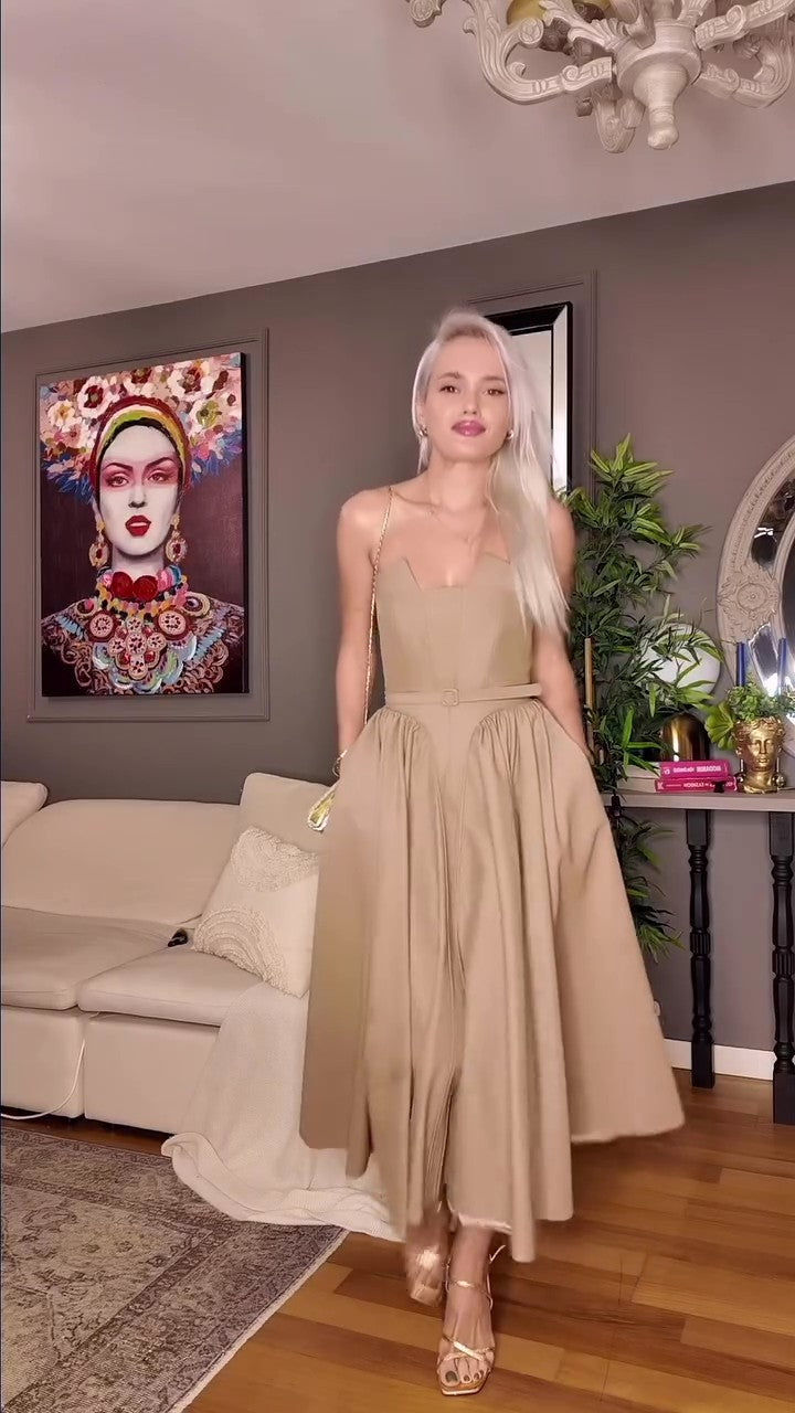 Chic Taupe Bustier Midi Dress