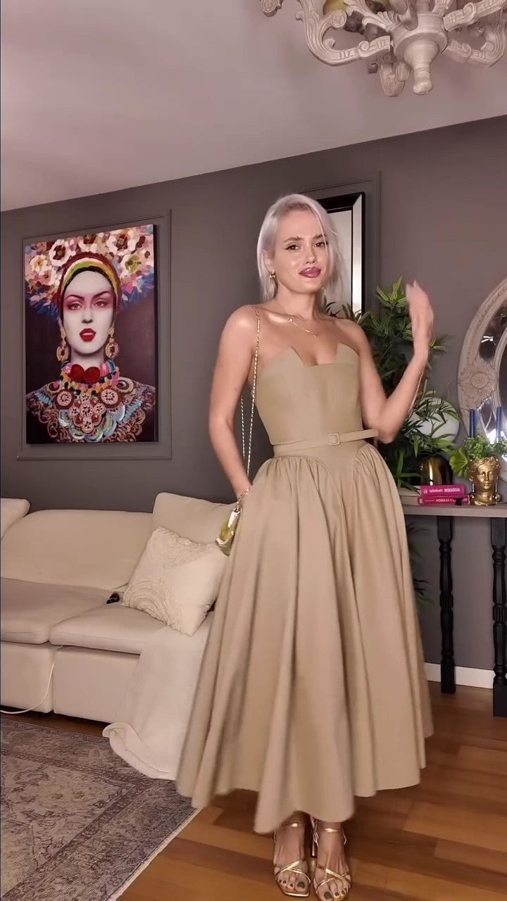 Chic Taupe Bustier Midi Dress