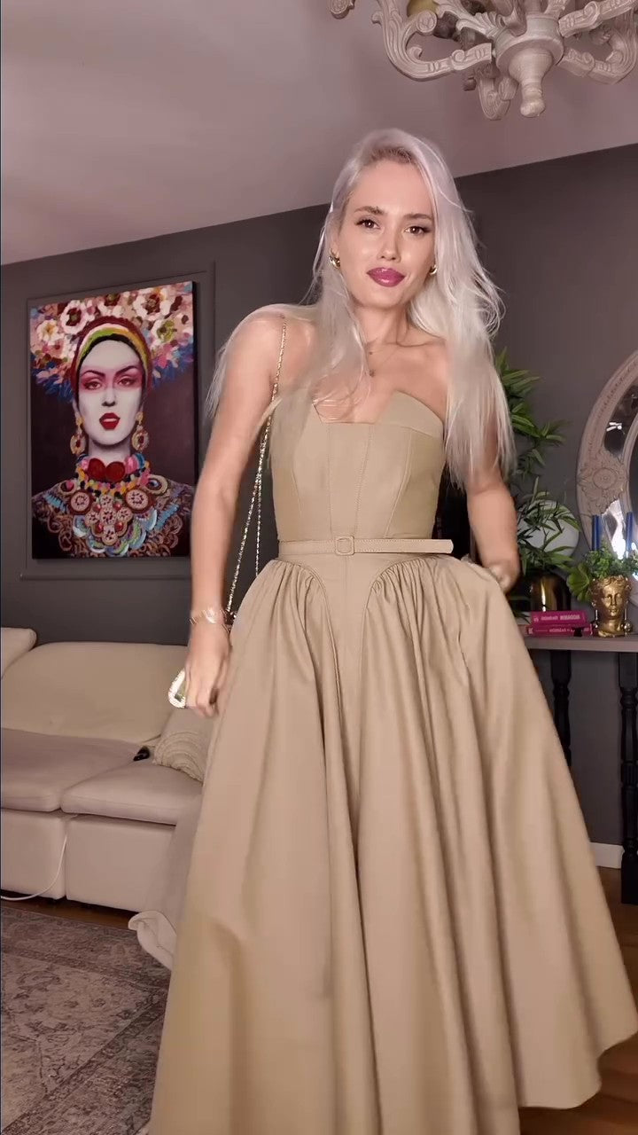 Chic Taupe Bustier Midi Dress