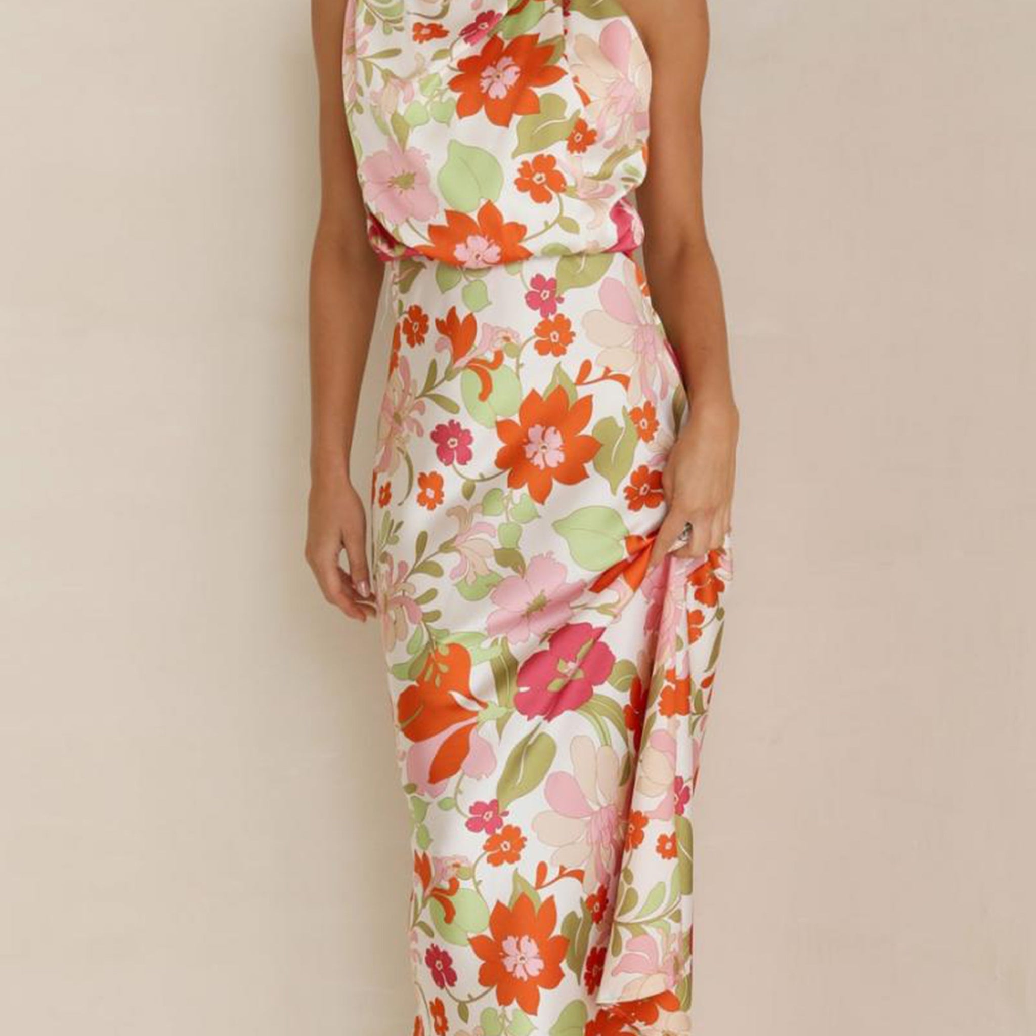 Floral Halter Neck Elastic Waist Maxi Dress