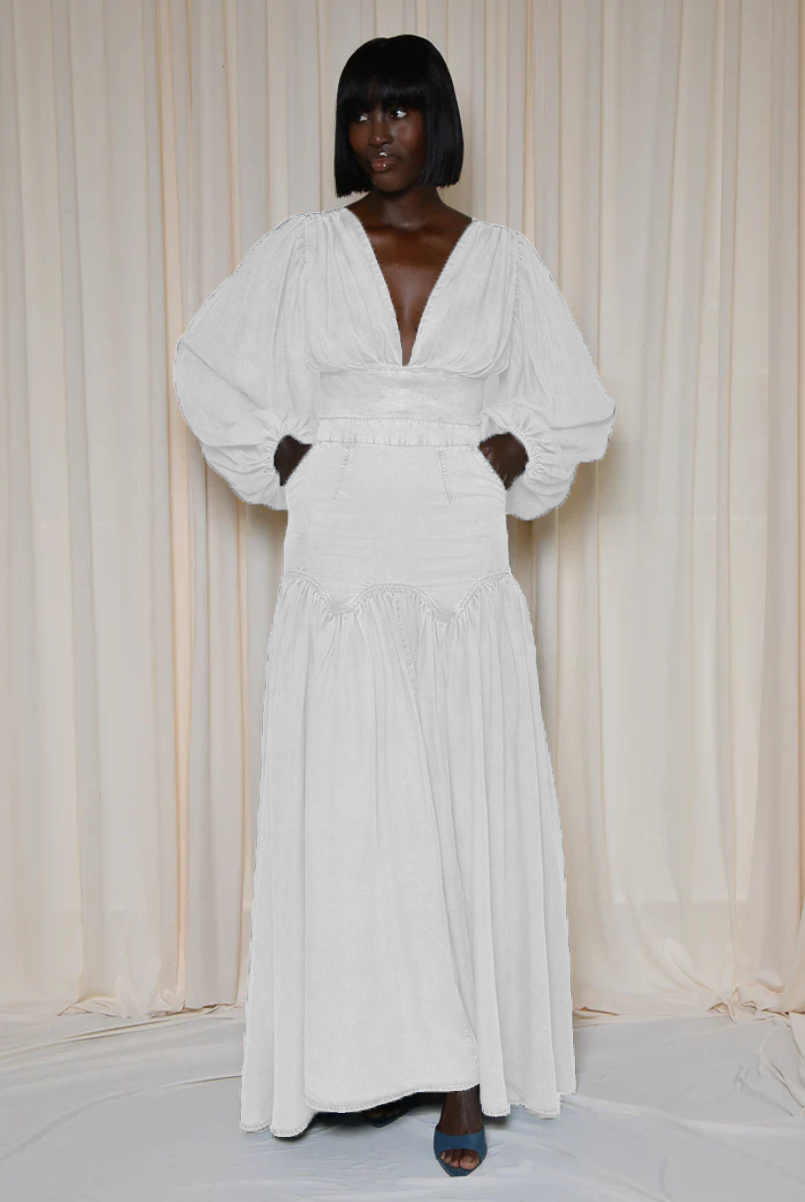 Blue Denim Deep V Neck Maxi Dress Set