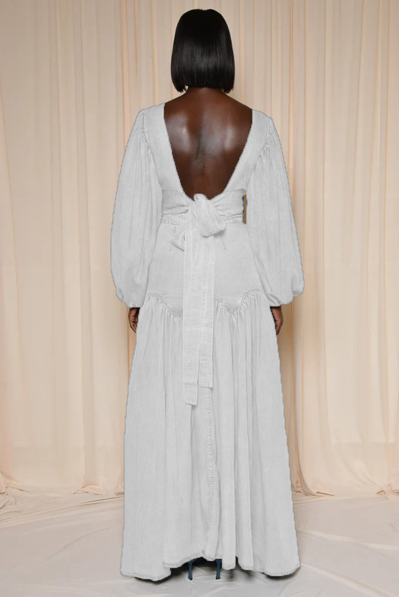 Blue Denim Deep V Neck Maxi Dress Set